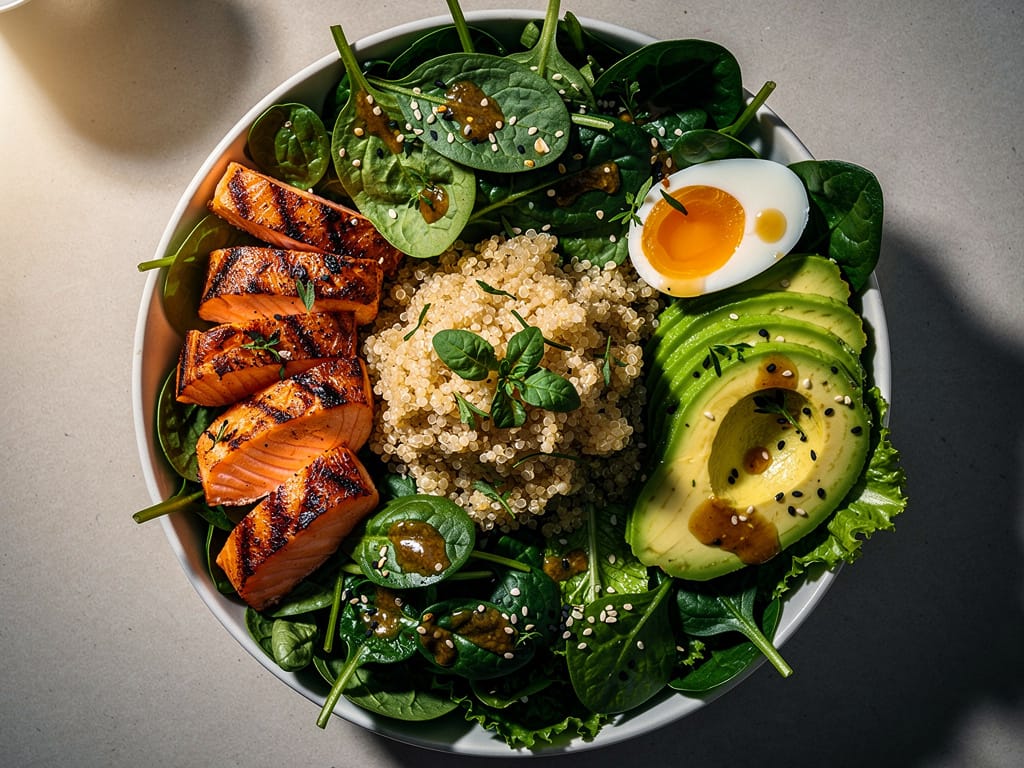 A nutrient-dense salad for hair health with salmon and quinoa