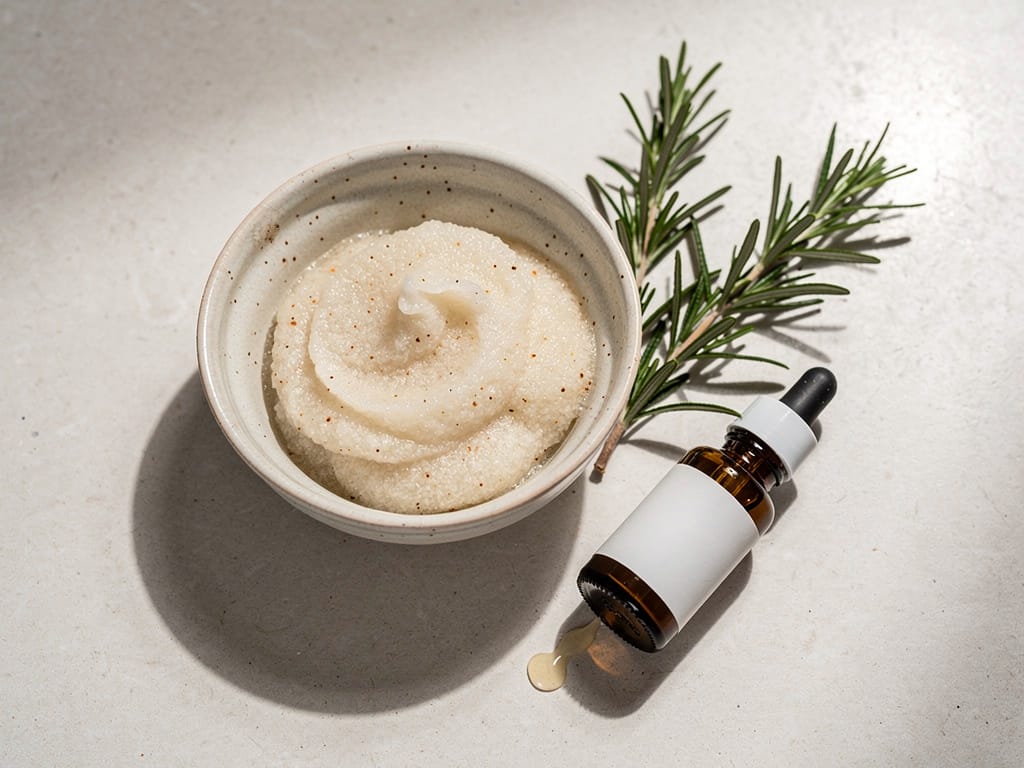 a natural scalp scrub and oil on a bathroom counter