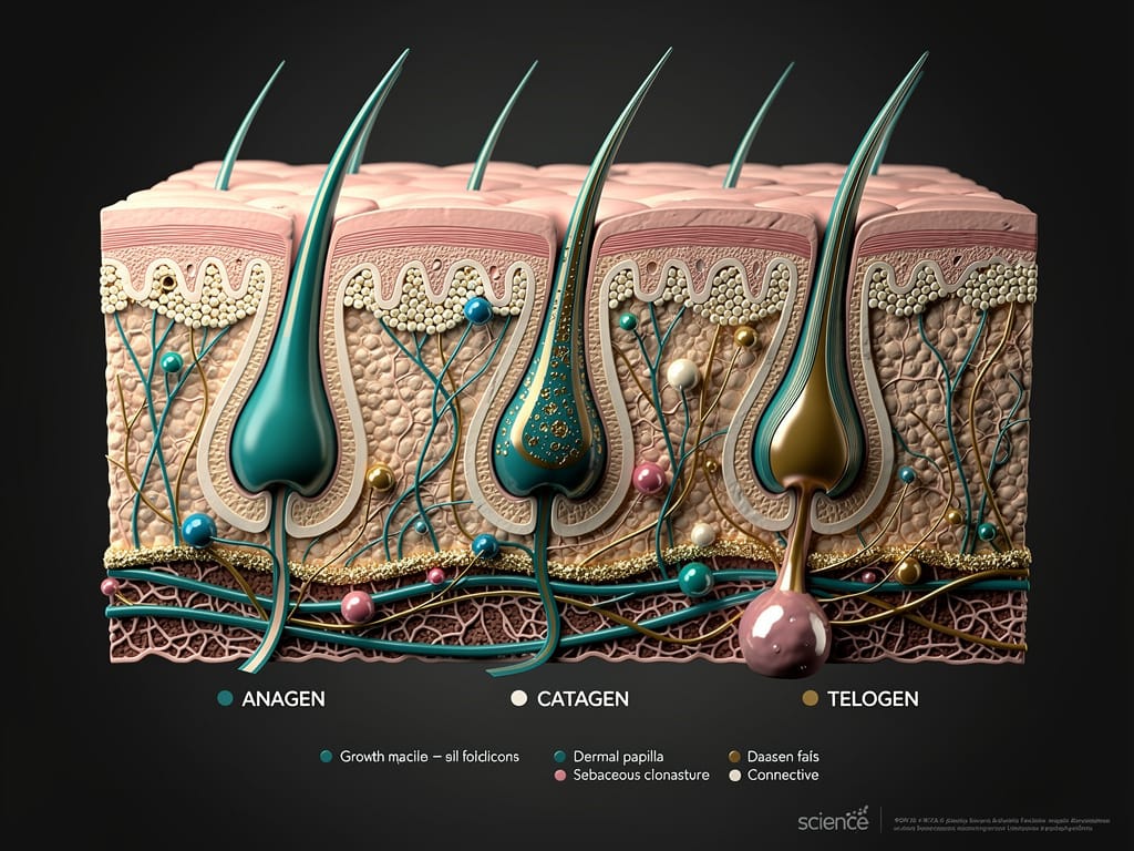 Cross-section diagram of a human hair follicle showing growth cycle phases