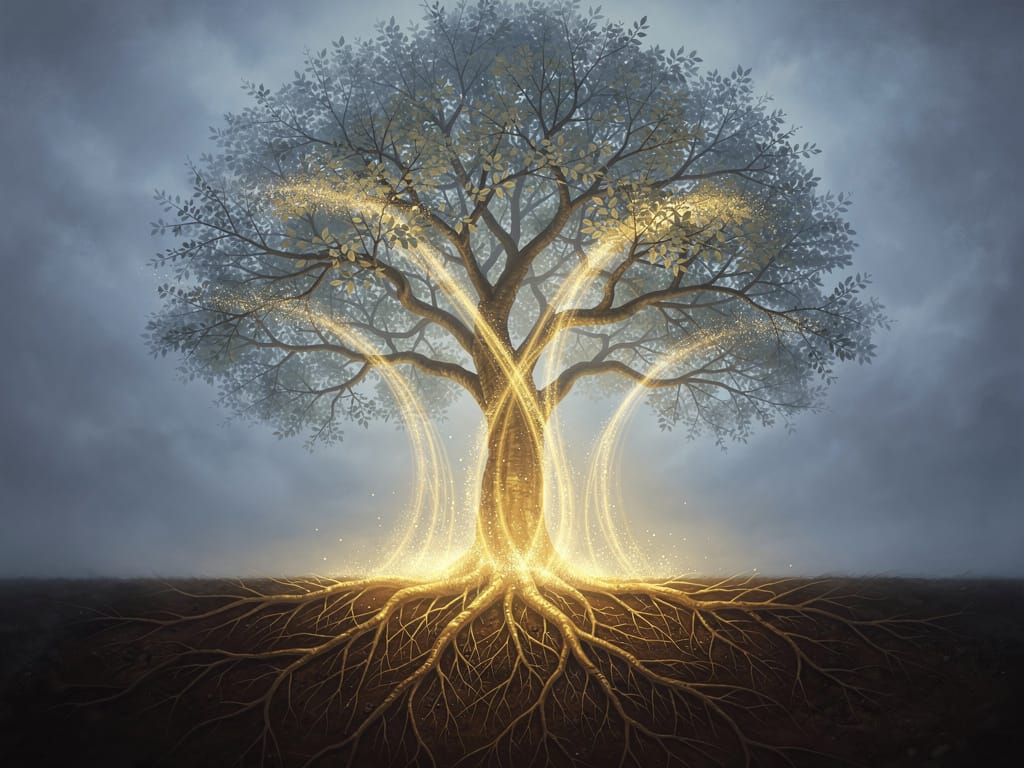 A tree with nutrients being pulled away from its branches towards its core.
