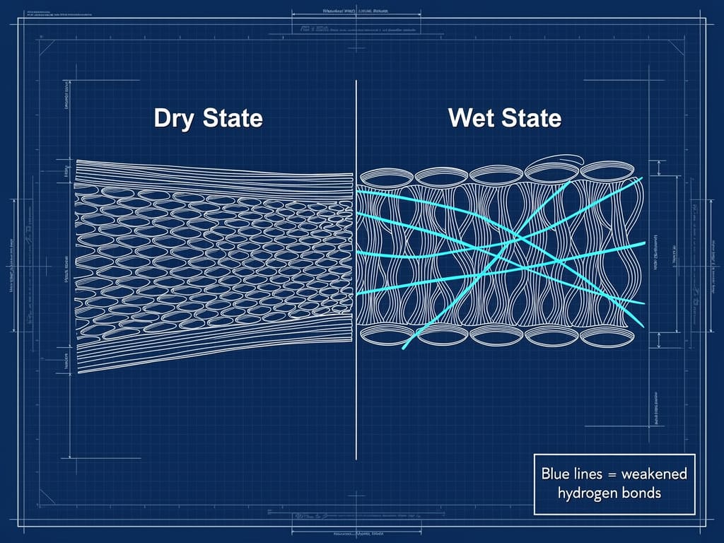 A scientific diagram comparing the structure of a wet hair strand versus a dry one.