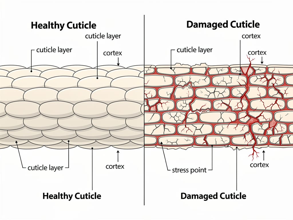 A diagram showing the difference between a healthy hair cuticle and one damaged by tension and stretching.