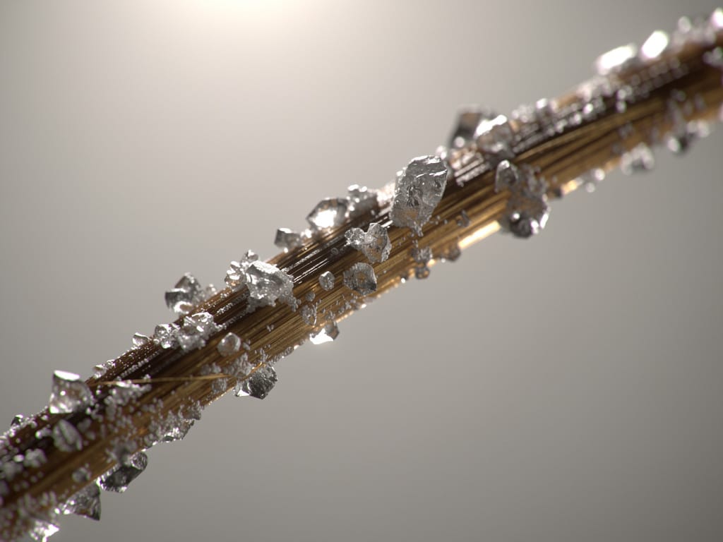 Close-up of a hair strand with hard water mineral buildup