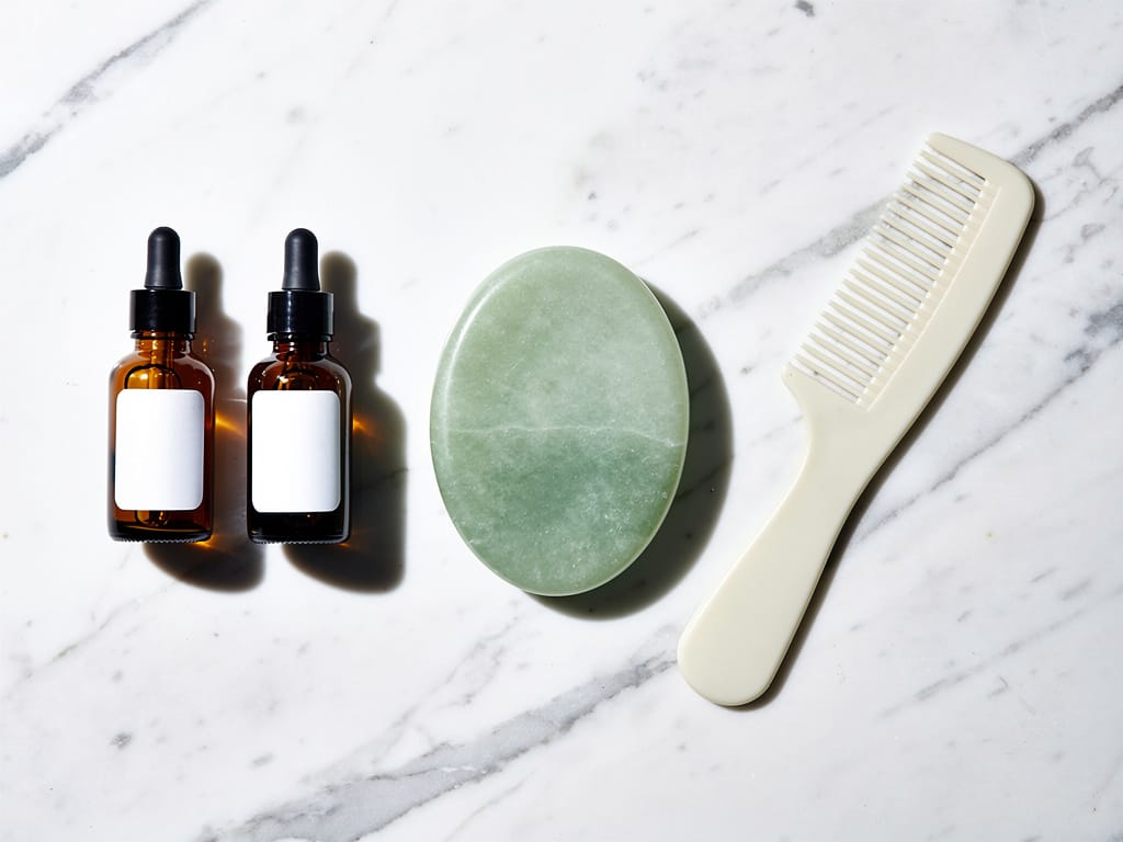 Minimalist hair care tools including scalp massager and serums on marble surface