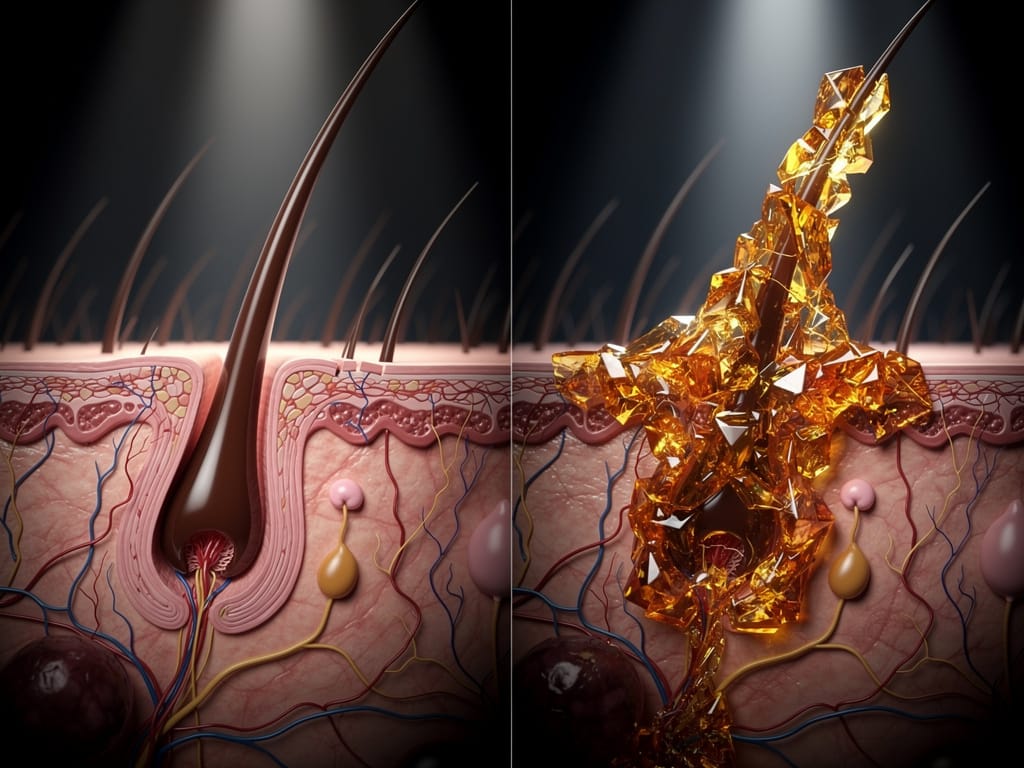 Diagram showing a healthy hair follicle next to one damaged by scalp glycation.