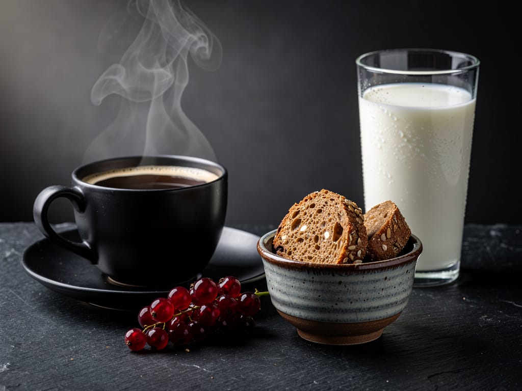 A coffee cup, glass of milk, and bread on a table, representing foods that can interfere with nutrient absorption.