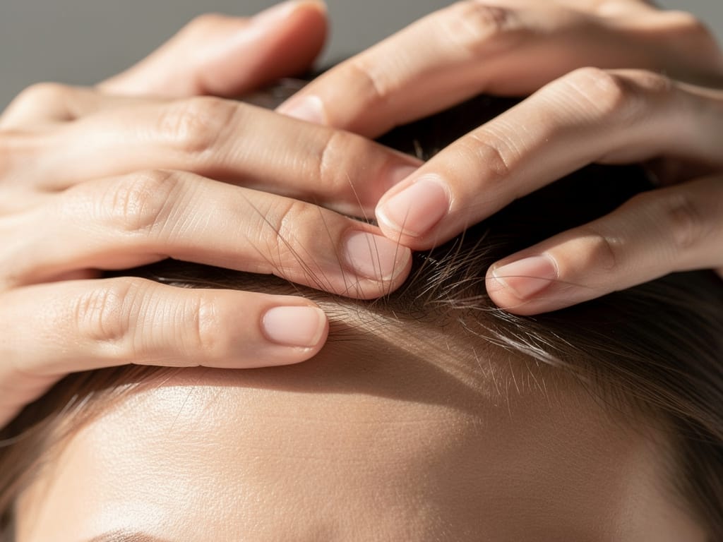 Hands performing a gentle lymphatic drainage massage on a scalp