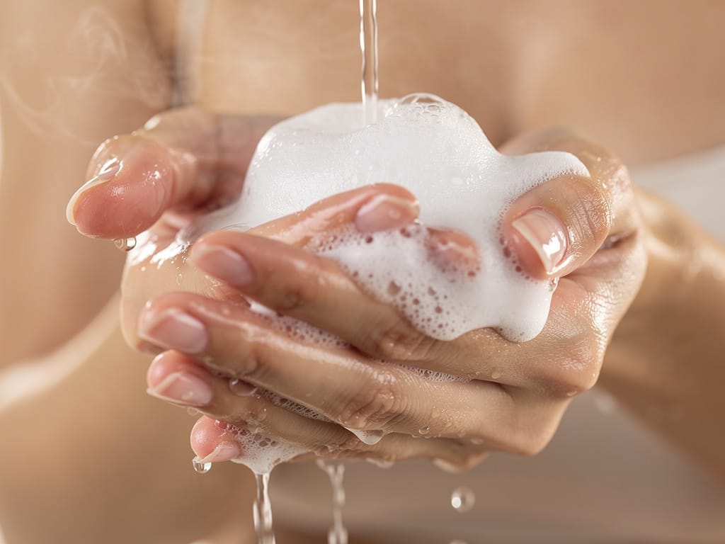 Hands emulsifying shampoo into a rich white lather before washing hair
