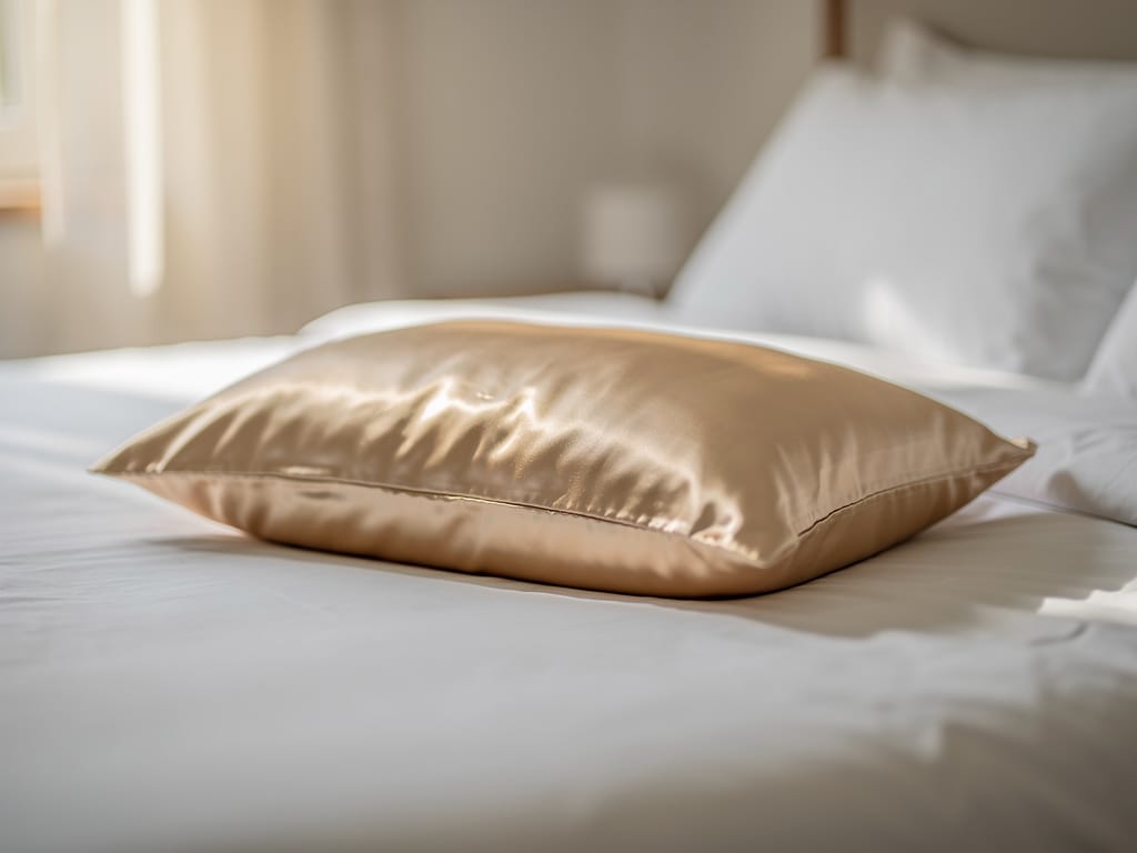 A smooth champagne silk pillowcase on a bed