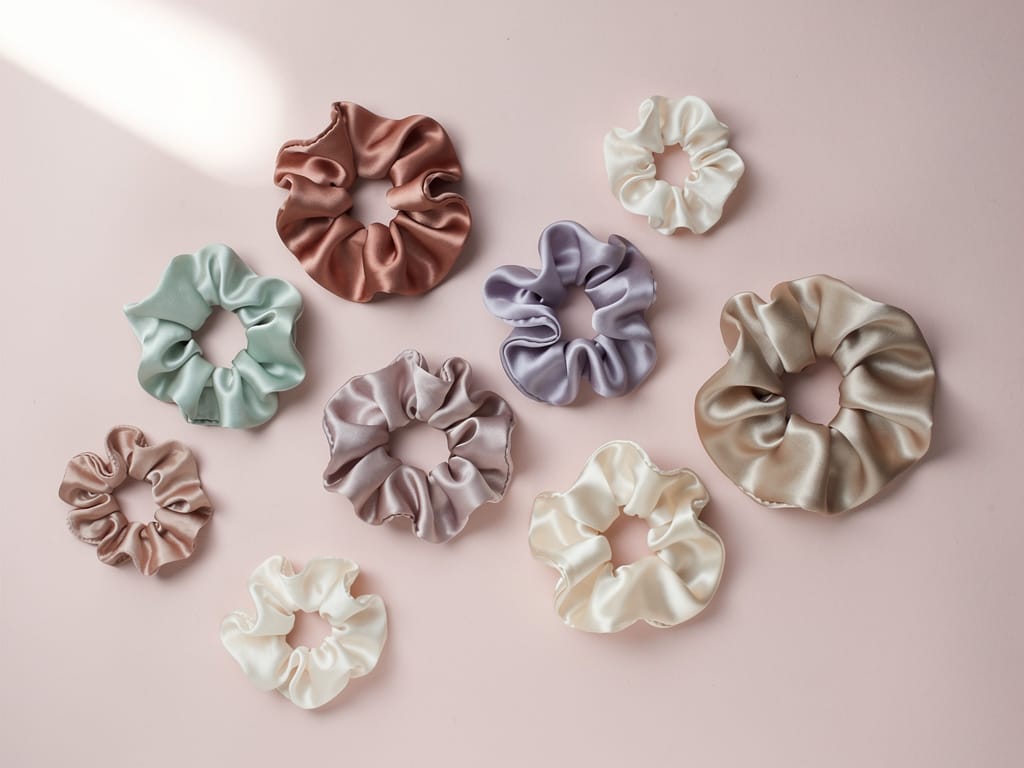A collection of soft silk and satin scrunchies.