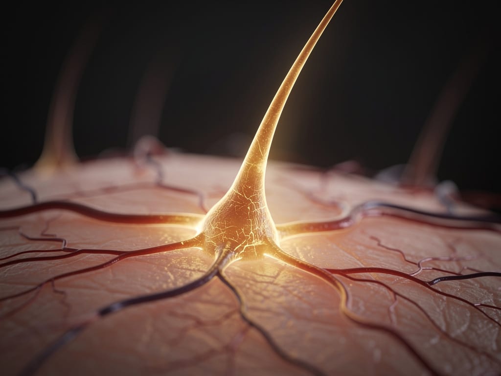 A close-up of a healthy hair follicle glowing with life