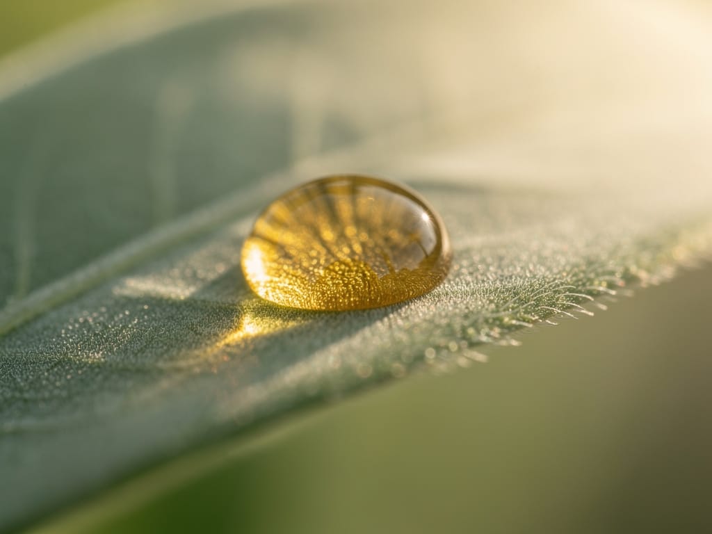 A close-up of a drop of natural oil on a green leaf