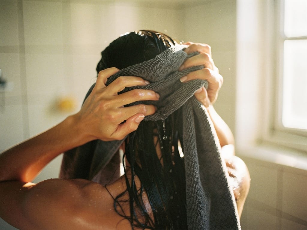 Woman gently squeezing her wet hair with a soft microfiber towel