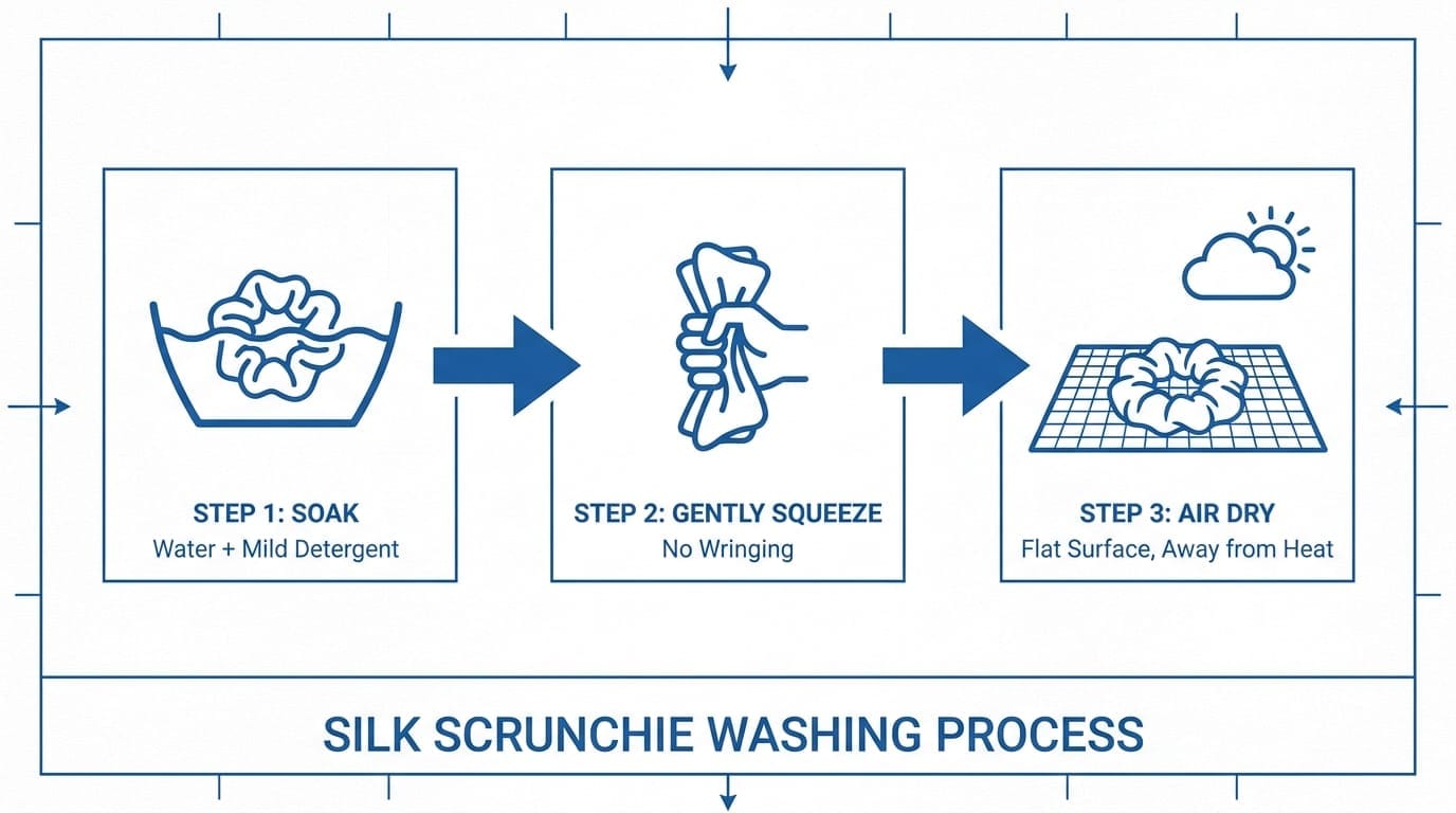 A diagram showing the steps to properly wash a silk scrunchie