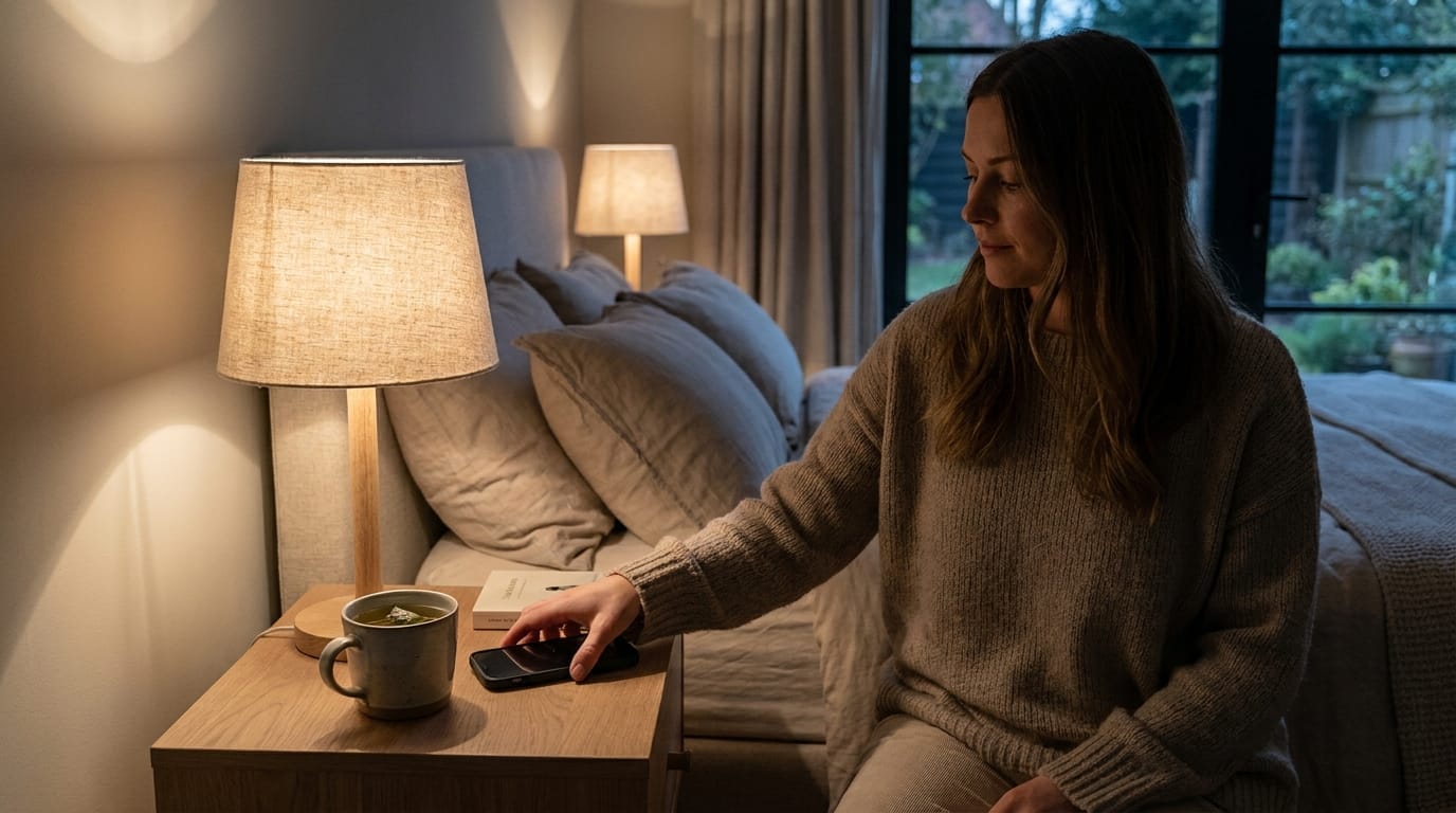 A woman putting her phone away for the night in a cozy bedroom