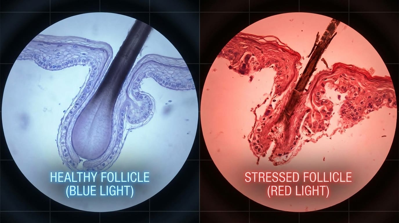 A close-up artistic rendering of a healthy hair follicle versus a stressed one