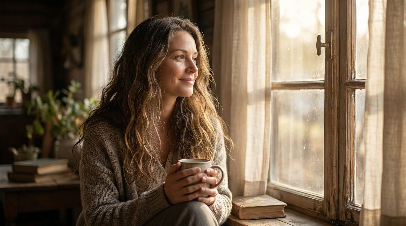 A woman with healthy, loose hair practicing mindful self-care.