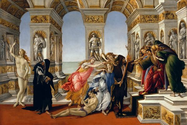 Botticelli's painting Calumny of Apelles, an allegory of false accusation, a figure dragged before an enthroned judge with donkey ears.