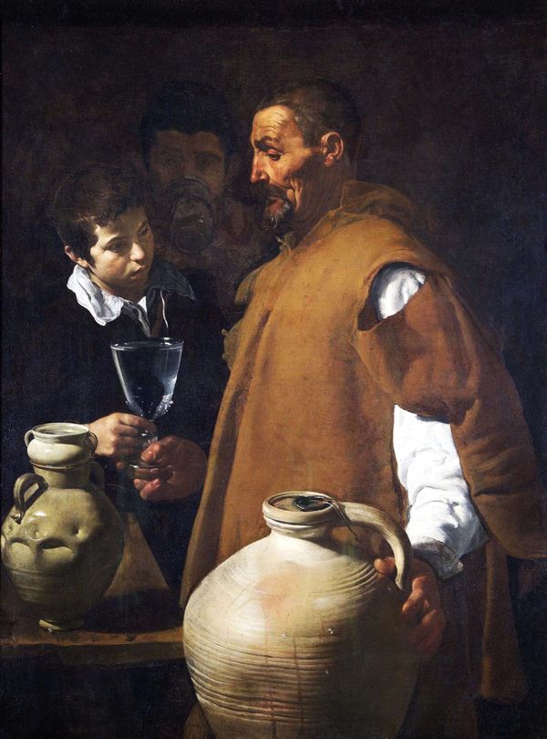 Velázquez, The Waterseller of Seville: an old man hands a glass of water to a boy, beside two large clay jars.