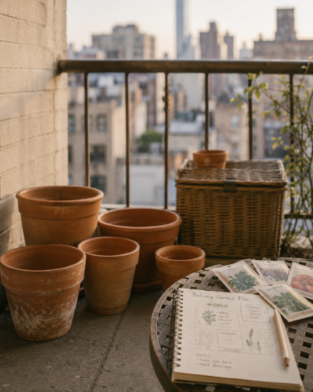 Empty terracotta pots and a hand-sketched garden planning notebook on a city apartment balcony.