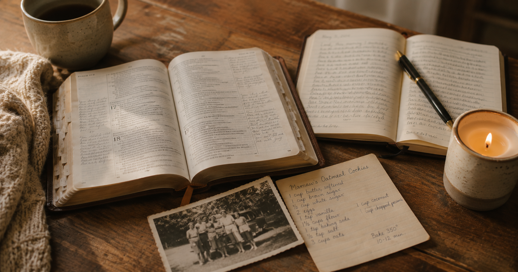 table with open Bible, journal, recipe card, and old family photo