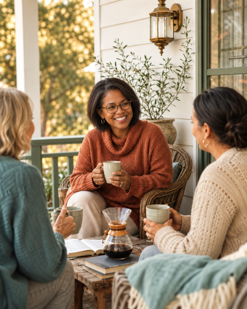 women gathered on the front porch with coffee