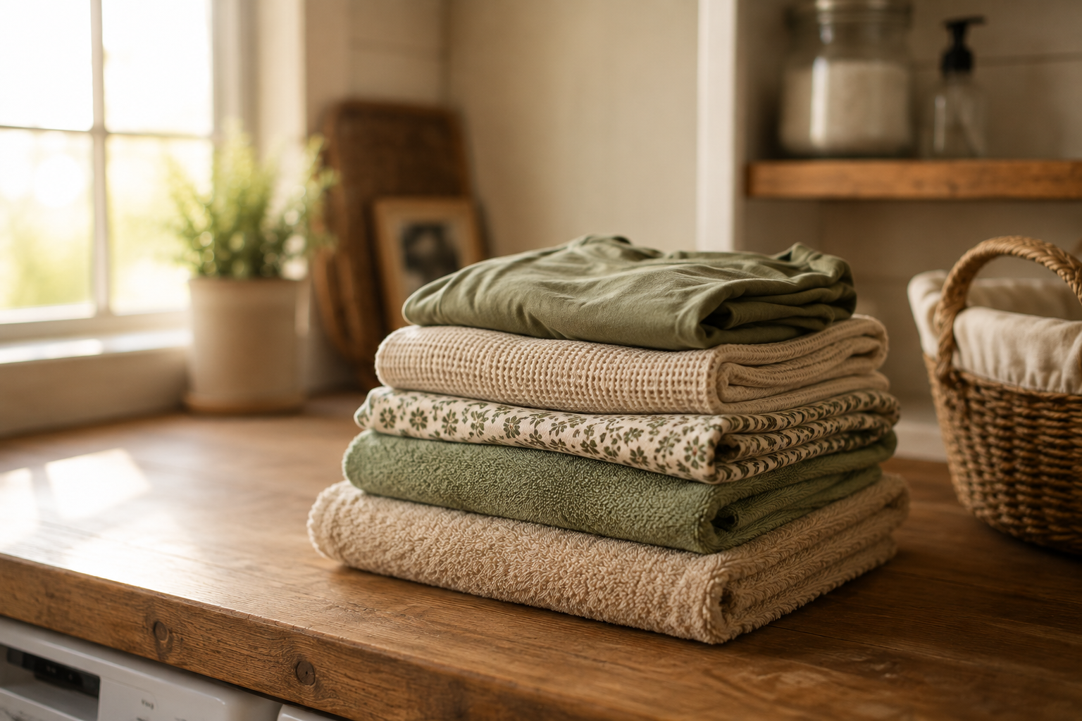 A stack of folded towels and clothing on a wooden laundry room counter.