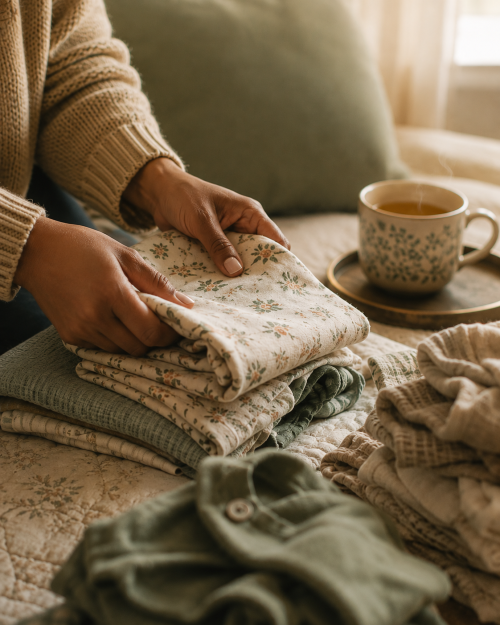 Hands fold a stack of soft linens on a bed, a cup of tea steaming nearby.