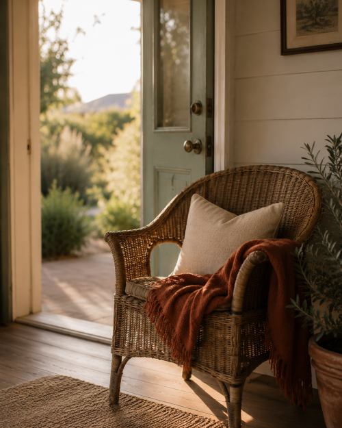 A wicker chair with a cozy blanket sits near an open door leading outside.