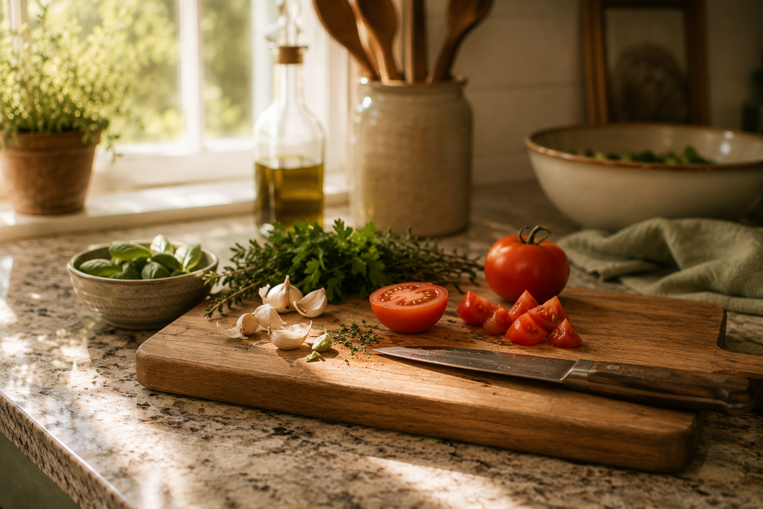 A cutting board with tomatoes, garlic, and fresh herbs on a sunlit kitchen counter.