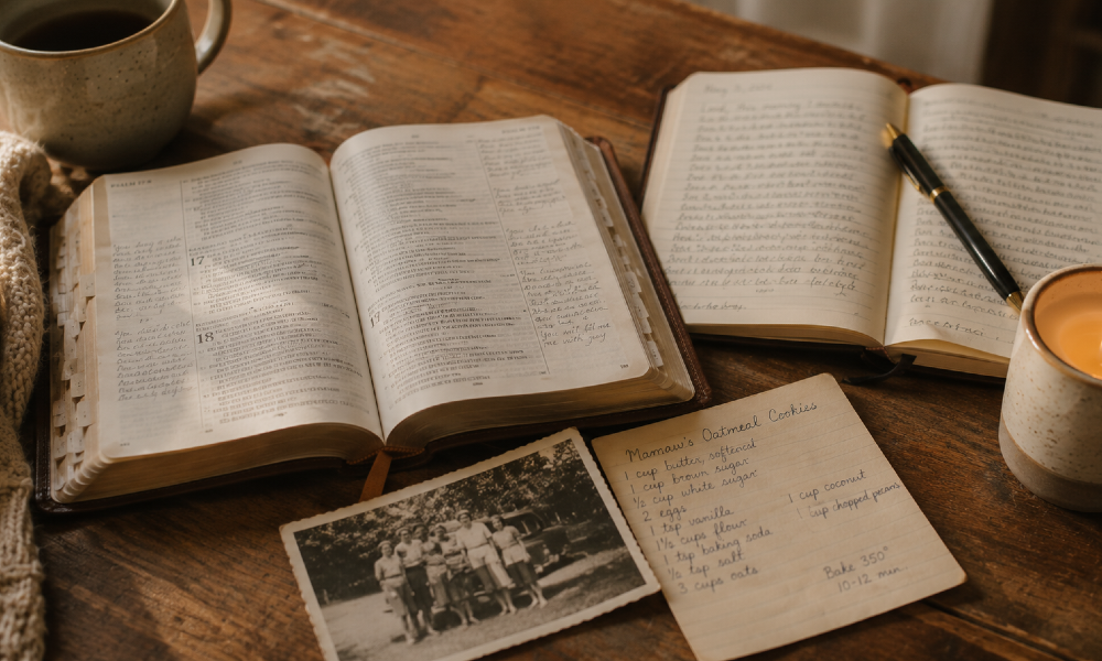 An open Bible, a handwritten journal, a black-and-white family photo, and a handwritten recipe card spread across a wooden table with a lit candle — a mix of different life-things held all at once.