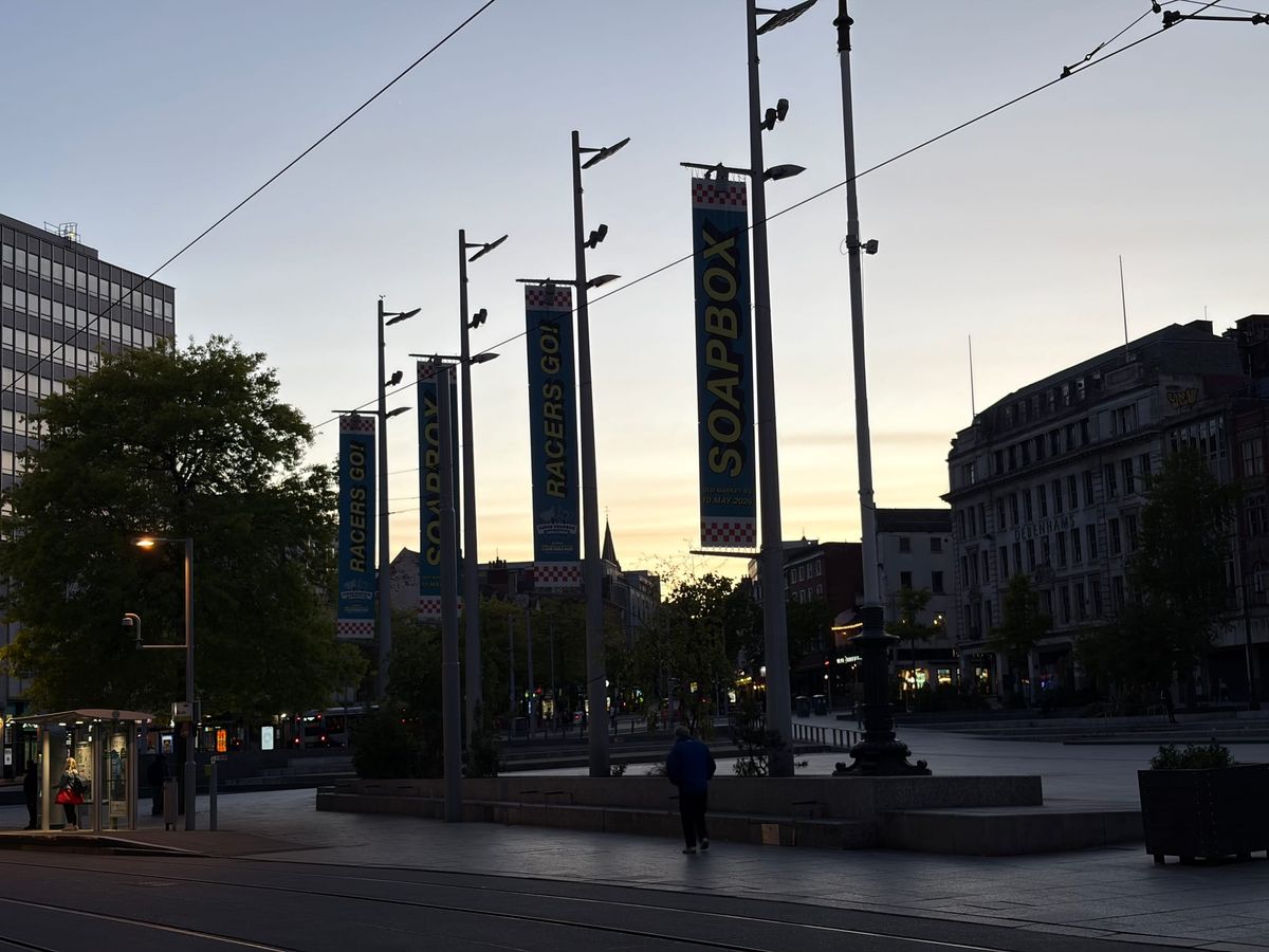 Soapbox Racecars is being advertised from flagpoles on Old Market Square.