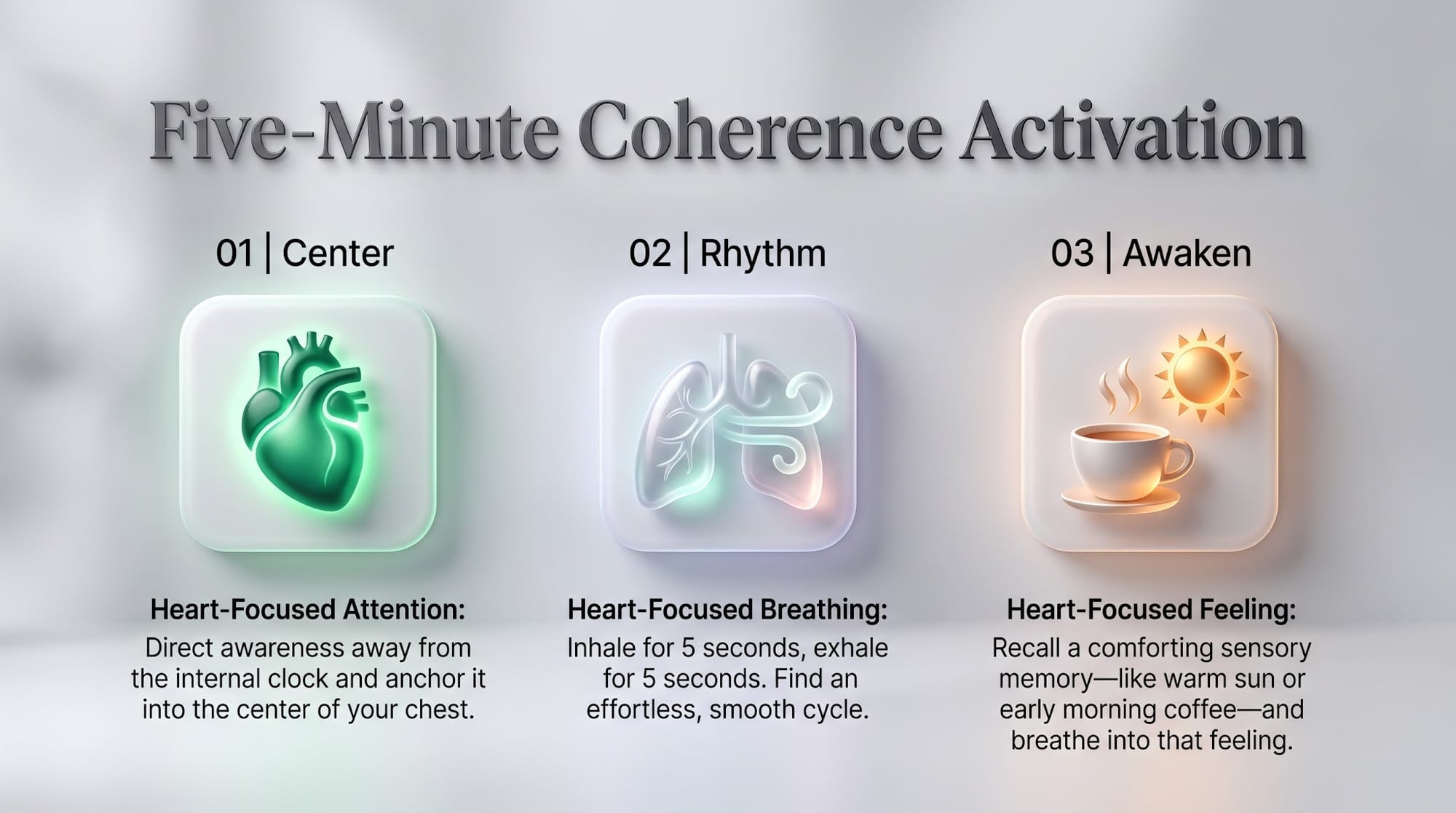 Five-Minute Coherence Activation Five-Minute Coherence Activation, Time Perception Meditation, Shifting Chronos To Kairos, Heart-Brain Coherence Training, Somatic Tension Release, Mindfulness, and Time Distortion