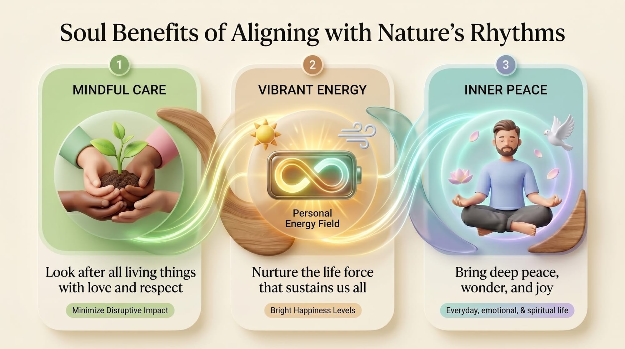 Visual "Soul Benefits" Graphic, Living Along The Grain Of Nature, Natural Rhythms, Interconnectedness With Nature, Deep Connection With Earth, Holistic Personal Energy