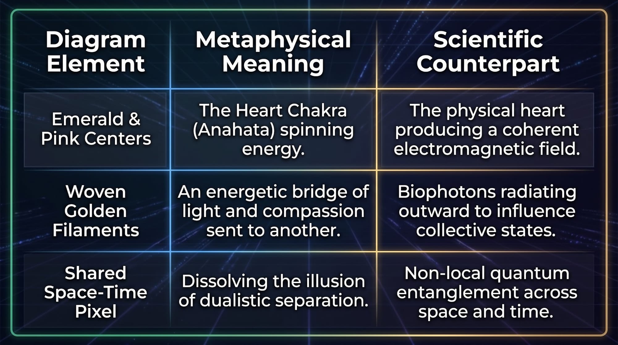 Key Concept Breakdown Table, Building Bridges Instead Of Walls, Interconnectedness, Holistic Well-Being, Quantum Physics And Metaphysics, Mind Body Connection, Raising Vibrational Frequency