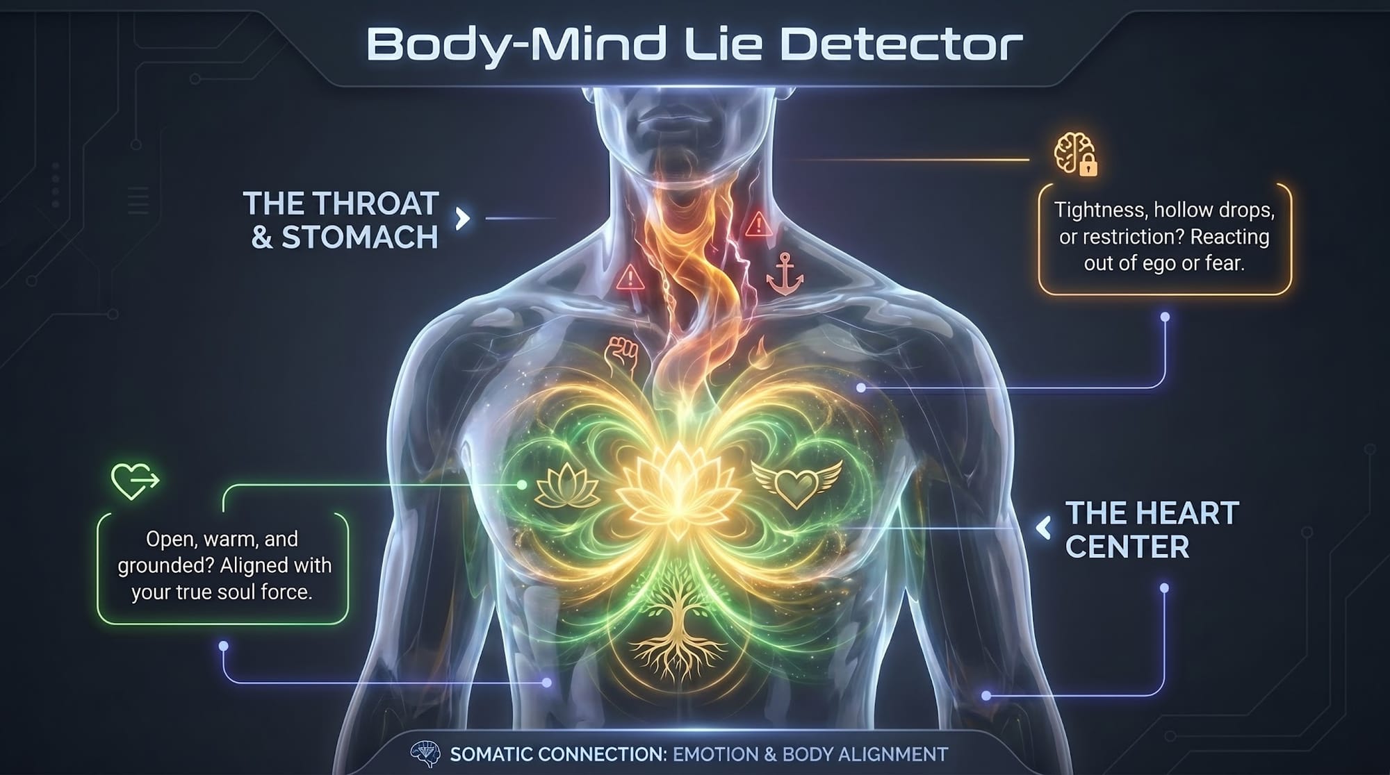 "BODY-MIND LIE DETECTOR" INFOGRAPHIC, Human Oneness, Inner Peace, Mahatma Gandhi Wisdom, Mindfulness Practices, Holistic Well-Being, Self-Mastery