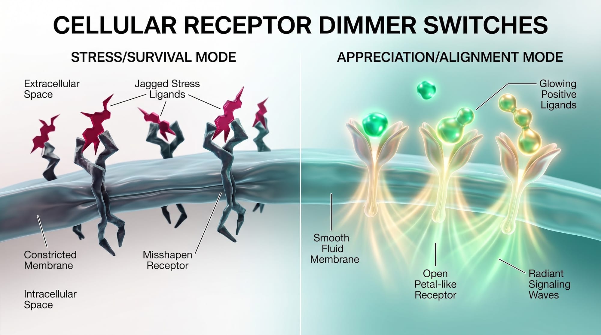 The Cellular Receptor Dimmer Switches Graphic The Cellular Receptor Dimmer Switches Graphic, Quantum Alchemy, Science And Metaphysics, Power Of Appreciation, Heart-Brain Coherence, Cellular Healing, Spiritual Awakening, Mind-Body Connection