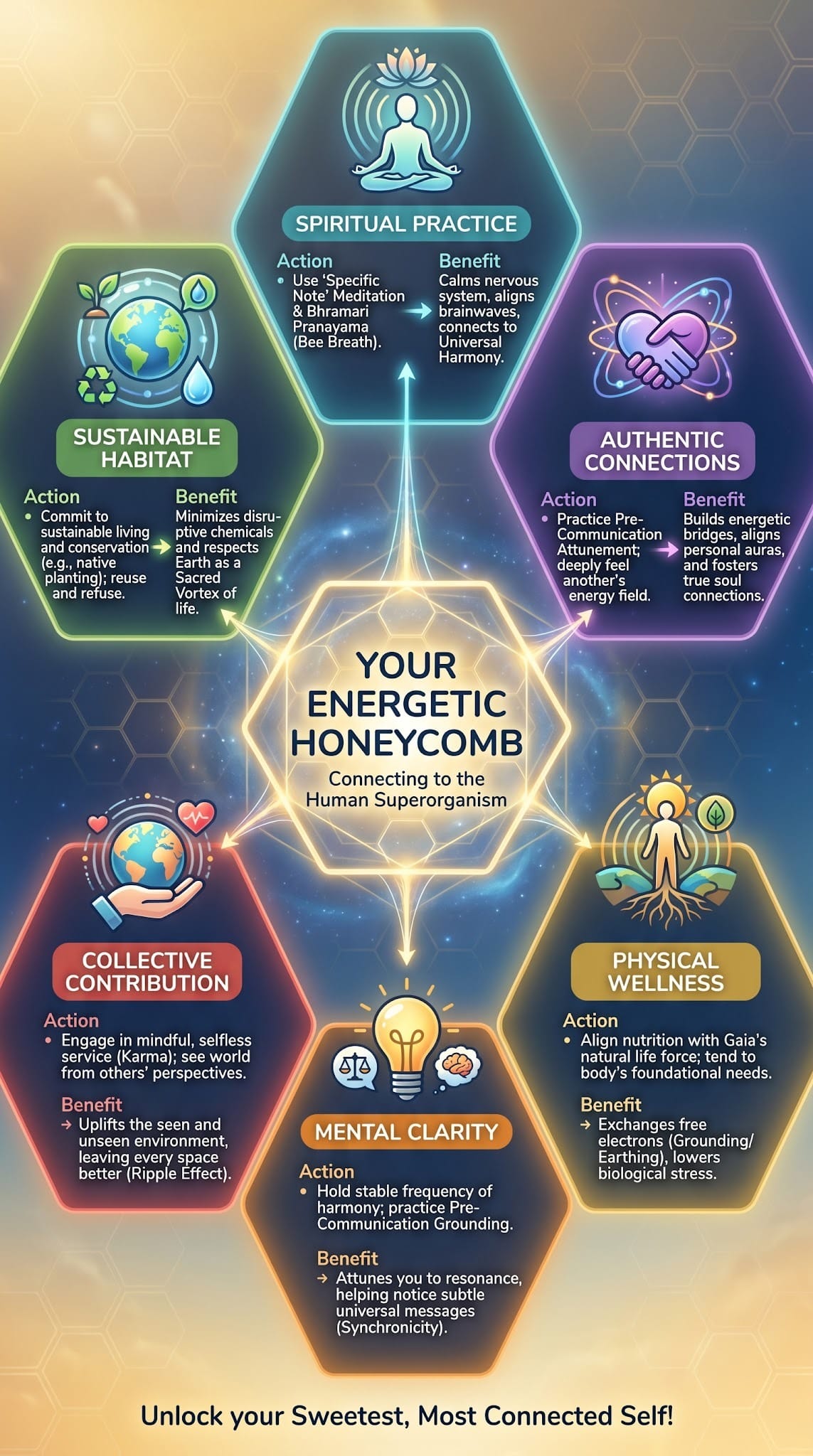 Connecting to the Human Superorganism, Superorganism Metaphor, Hexagonal Sacred Geometry, Bee Breath Exercise, Bhramari Pranayama Benefits, Quantum Entanglement And Spirituality, Gaia Planetary Consciousness, Atman And Brahman Unity, Vagus Nerve Stimulation, Biological Grounding Techniques, Intentional Ripple Meditations