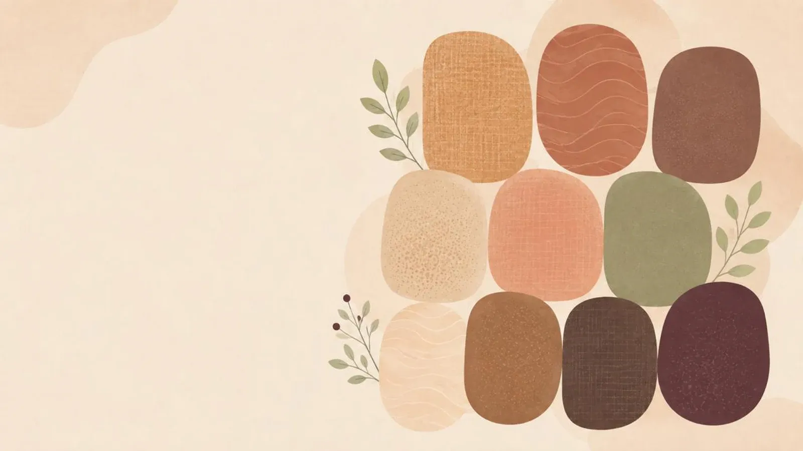 Ten rounded abstract swatches ranging from pale cream and peach through terracotta, sage, brown and deep plum, arranged with botanical sprigs on a warm cream background.
