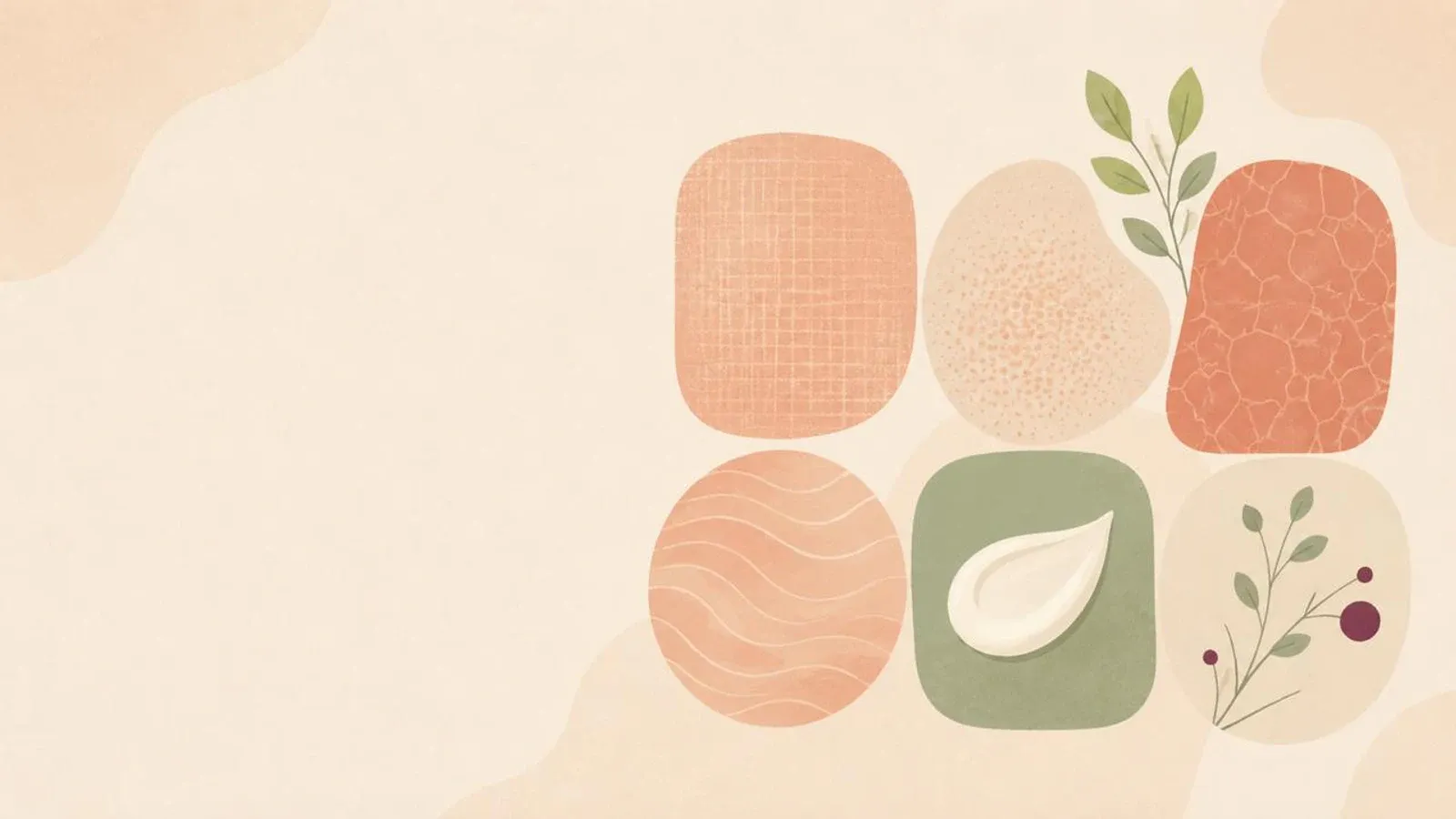 Six softly textured abstract tiles in peach, cream and sage, with botanical sprigs, arranged on the right side of a warm cream background.