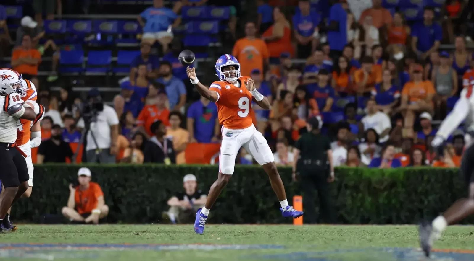 Florida quarterback Tramell Jones Jr. throwing vs Campbell at Ben Hill Griffin Stadium