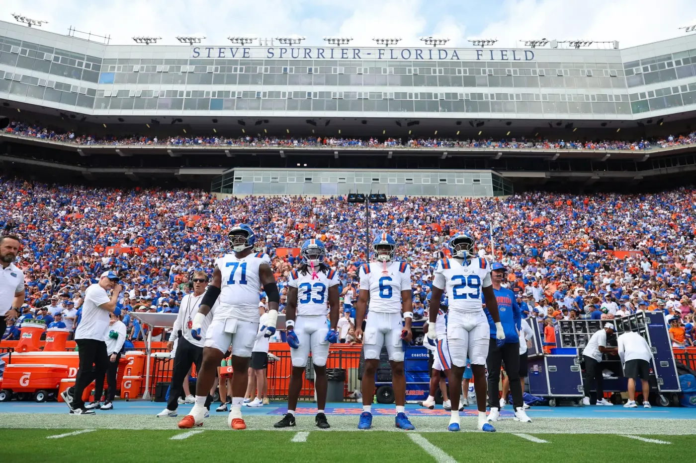 Florida's team captains walk out for the coin toss at Ben Hill Griffin Stadium