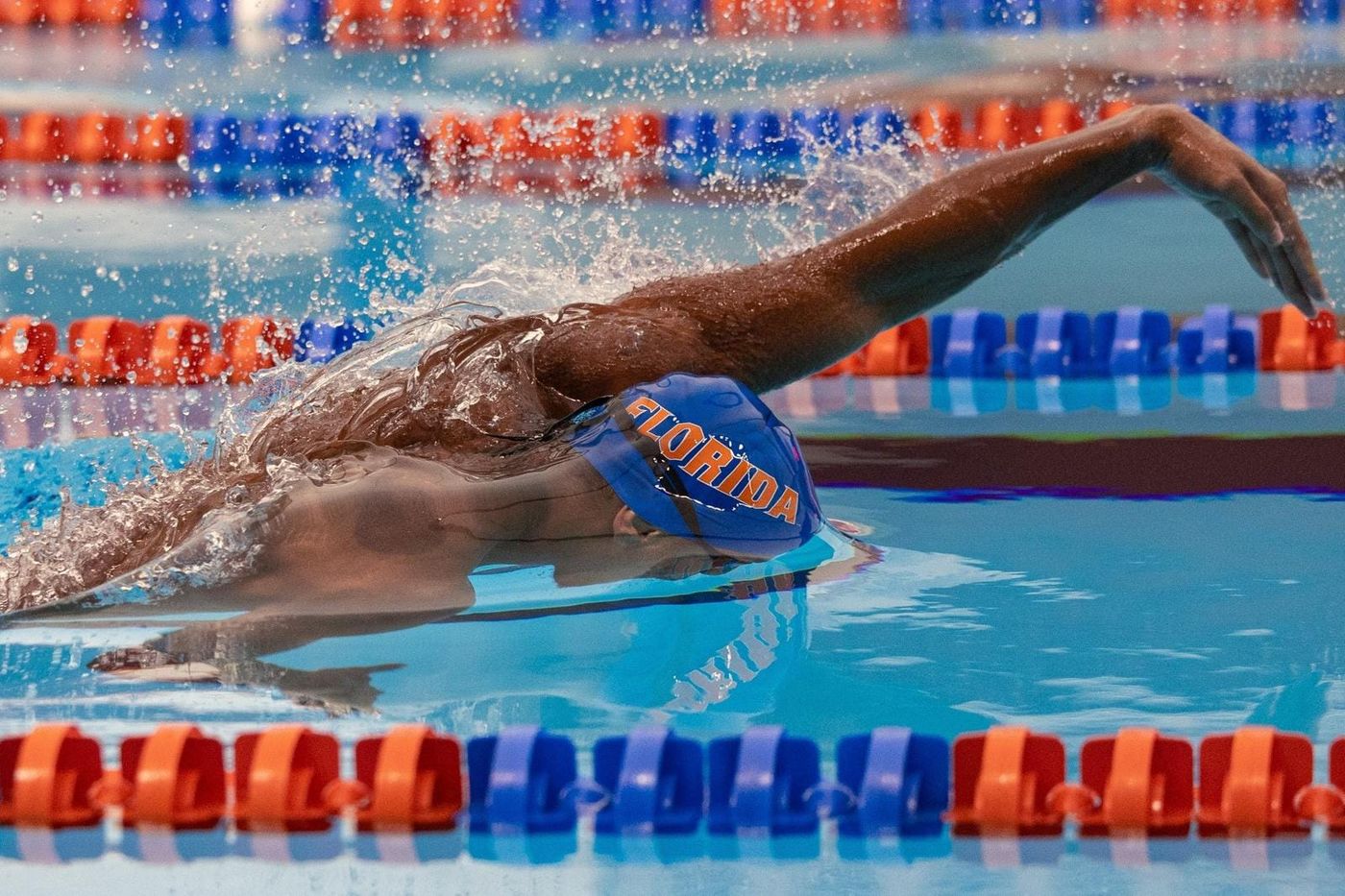 A Florida swimmer swimming freestyle in a lane at the pool