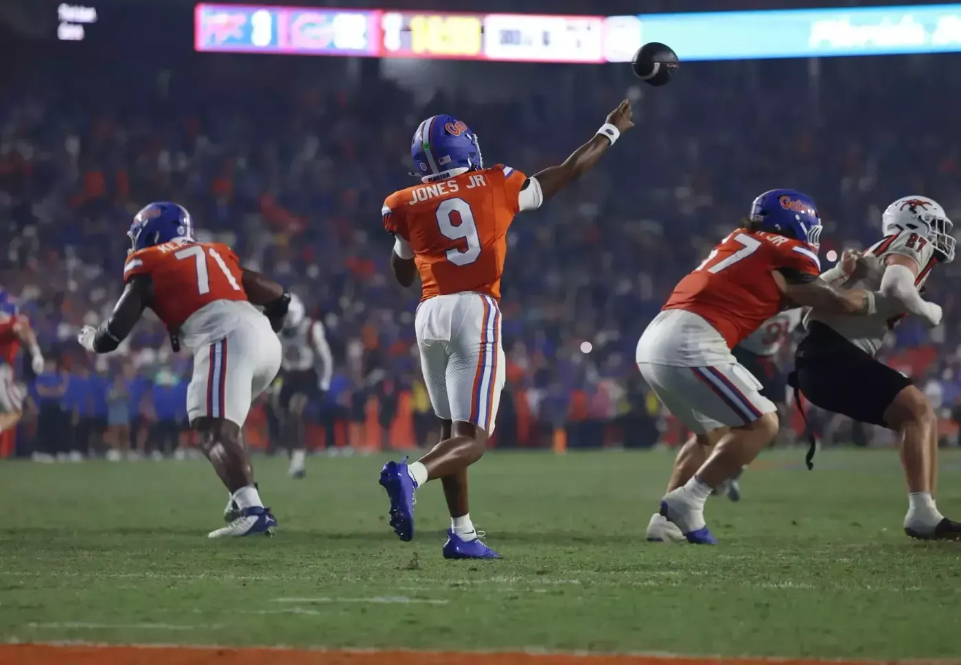Florida quarterback Tramell Jones Jr. throws a pass at Ben Hill Griffin Stadium