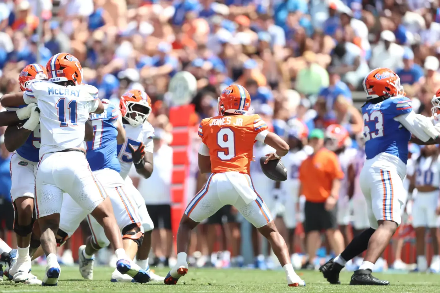 Florida quarterback Tramell Jones Jr. drops back to pass in the Orange and Blue Game