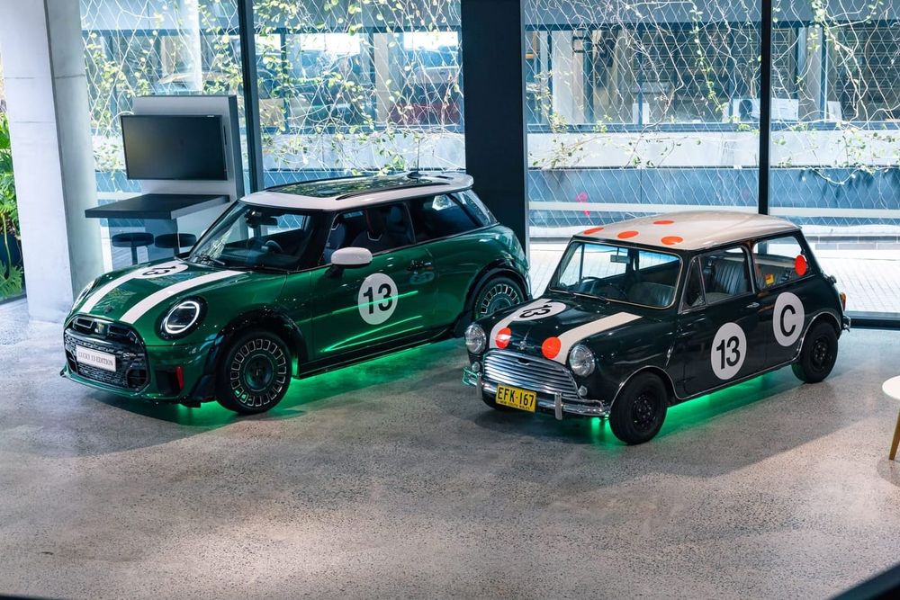 The 1966 Bathurst 500-winning Morris Mini Cooper S (right) with the Mini Lucky 13 Edition (left)