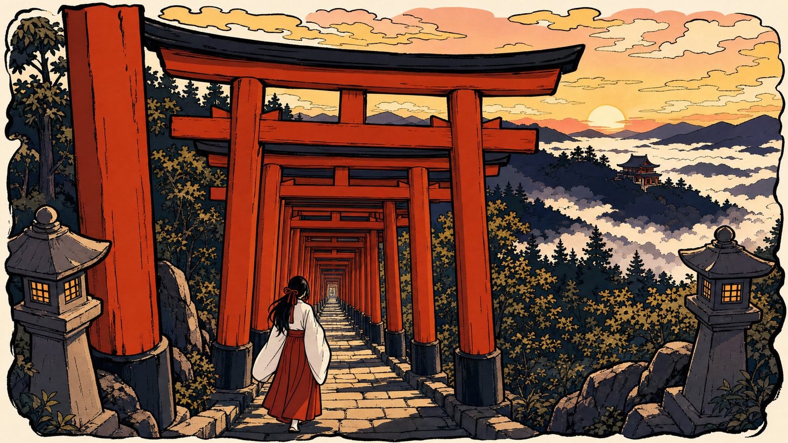 Rin climbs alone through a misty tunnel of vermilion shrine gates at dawn, with golden light slipping between the pillars.
