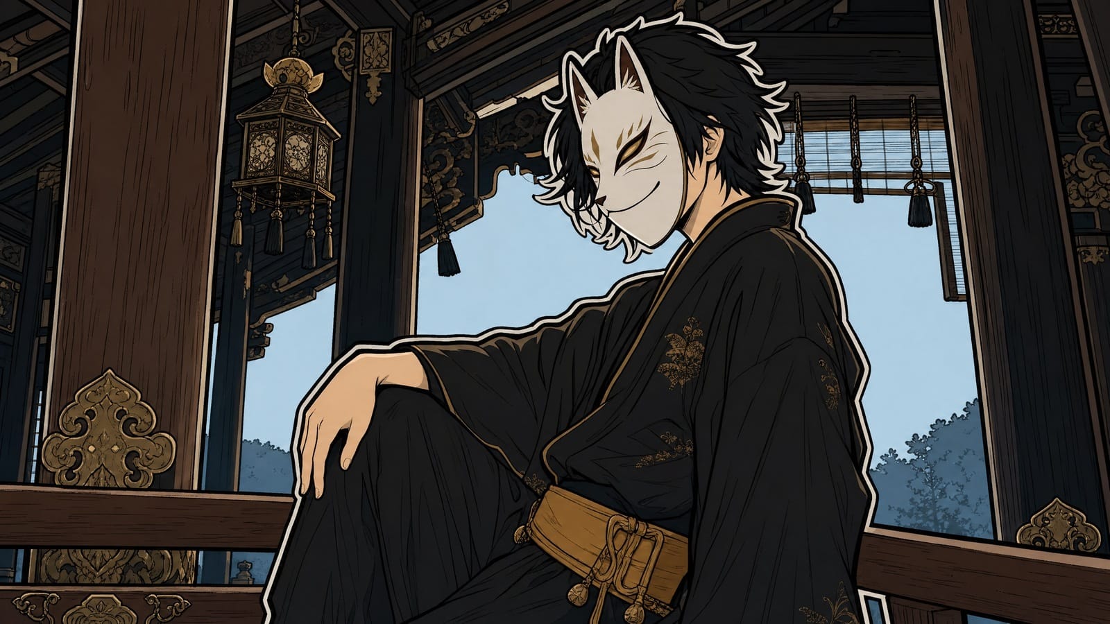 A fox-masked boy sits lazily on the shrine railing like it is a bus stop, watching Rin from beneath the eaves.
