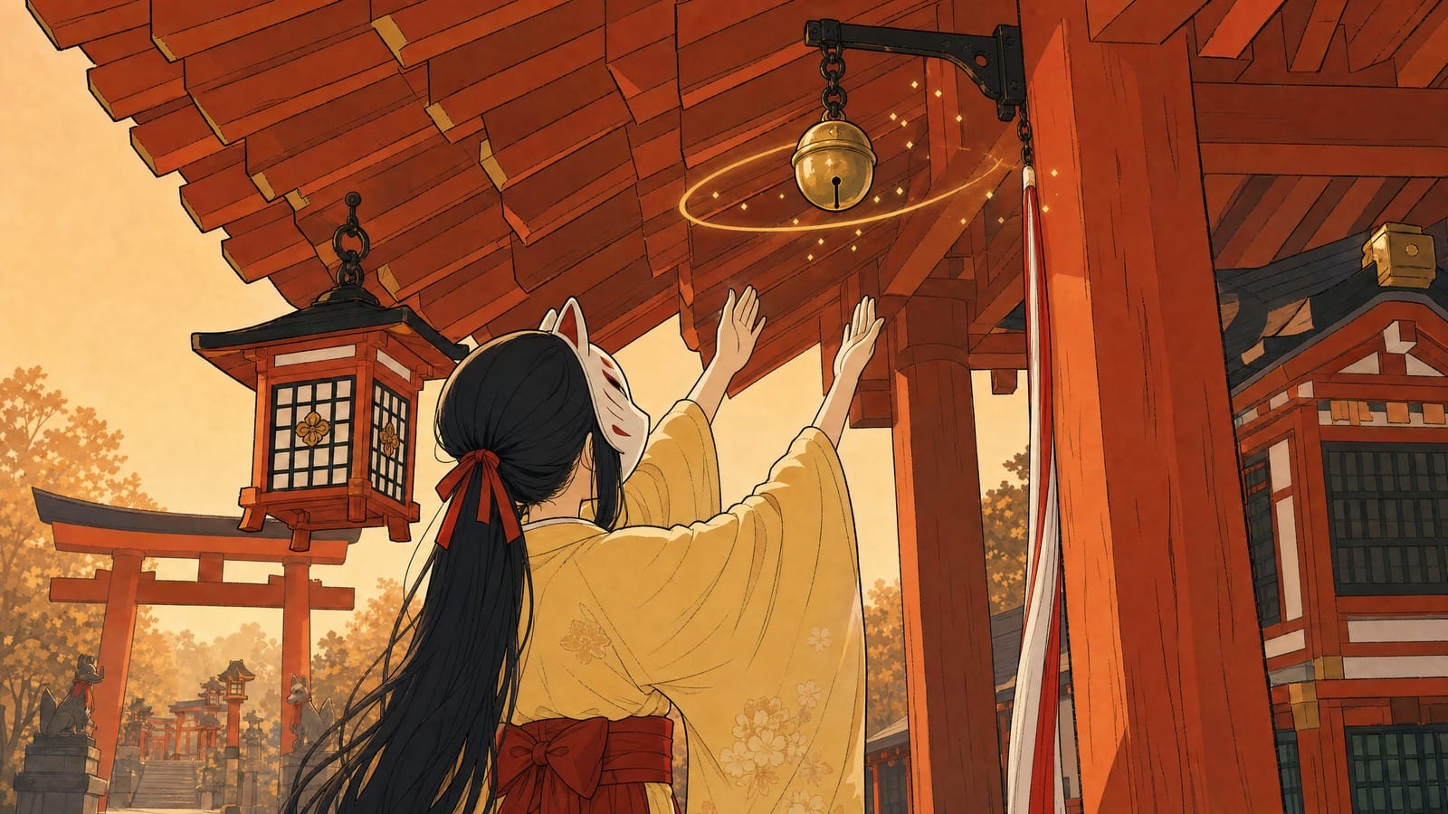 Rin stands beneath a high bronze shrine bell and raises both hands in a quiet prayer toward it, while the red-and-white bell rope rests nearby and a thin golden ring of light begins to spread through the morning air.