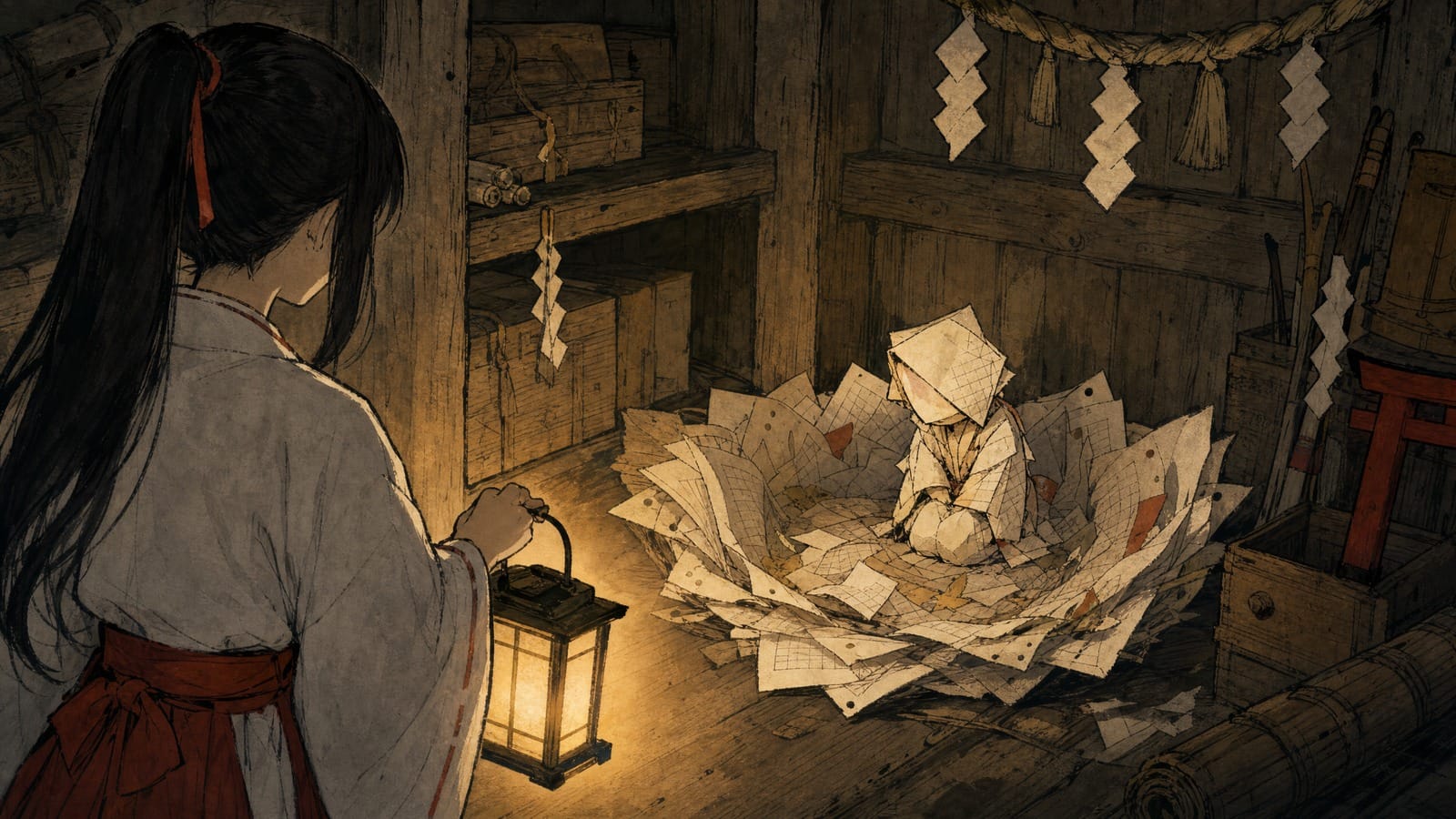 A small apologetic paper mononoke curls inside a nest of missing worksheets in the shrine storehouse.